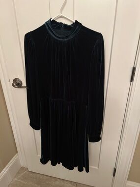 Calvin Klein Forest Green Velvet Long-Sleeve Dress with Puffed Sleeves & Ruching